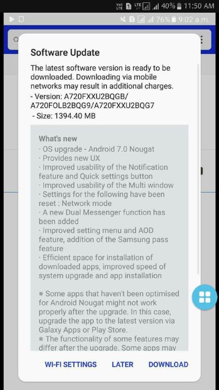 Aggiornamento Nougat Galaxy A7 2017