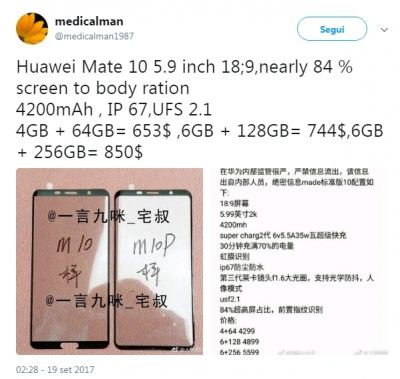 Prezzo Mate 10 Pro