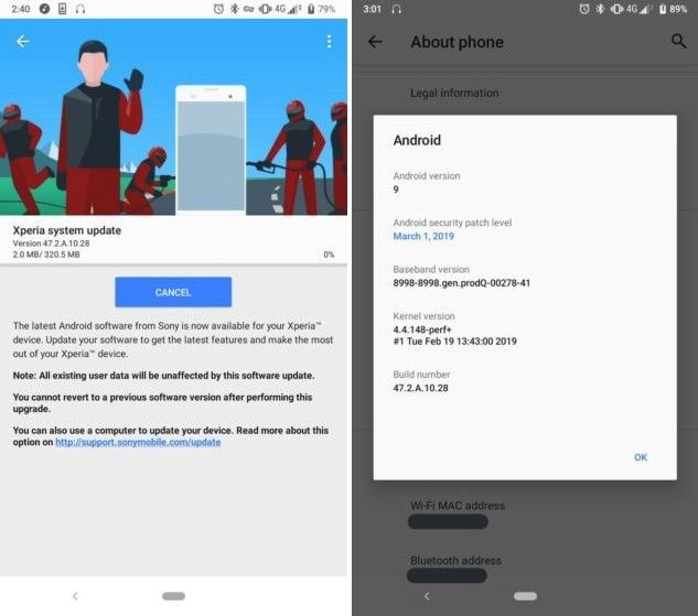 Aggiornamento Sony Xperia XZ1