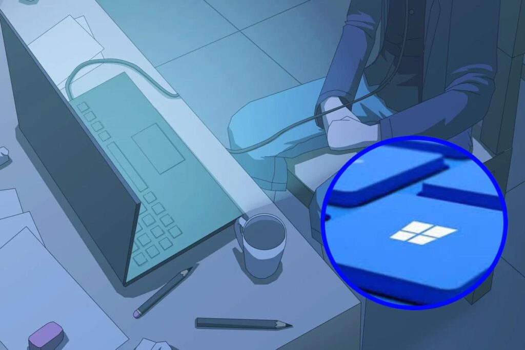 uomo al pc e schermata blu