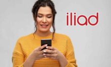 Ragazza con smartphone in mano e logo Iliad